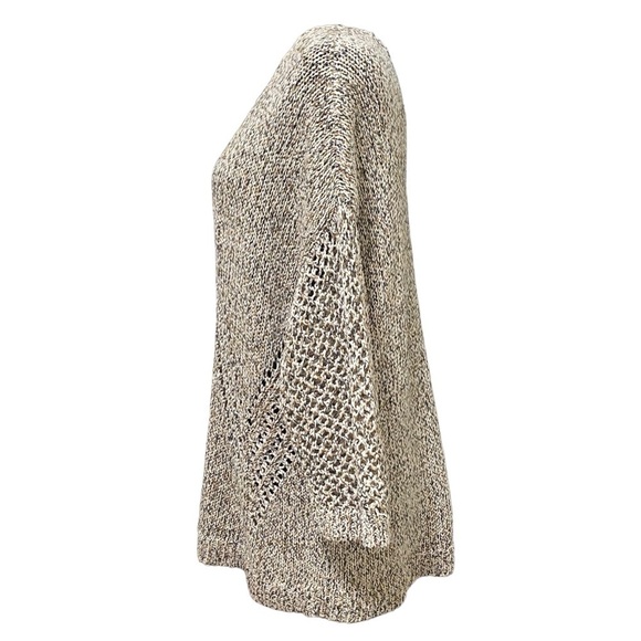 J Jill Open Knit V-Neck Sweater Petite Large Tan Black Boho Lagenlook Slouchy - Picture 2 of 7